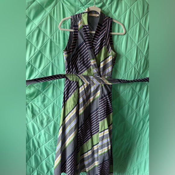 Tory Burch Striped Wrap Dress Multicolor Midi | Belted Sleeveless | Size 2 - Picture 3 of 9